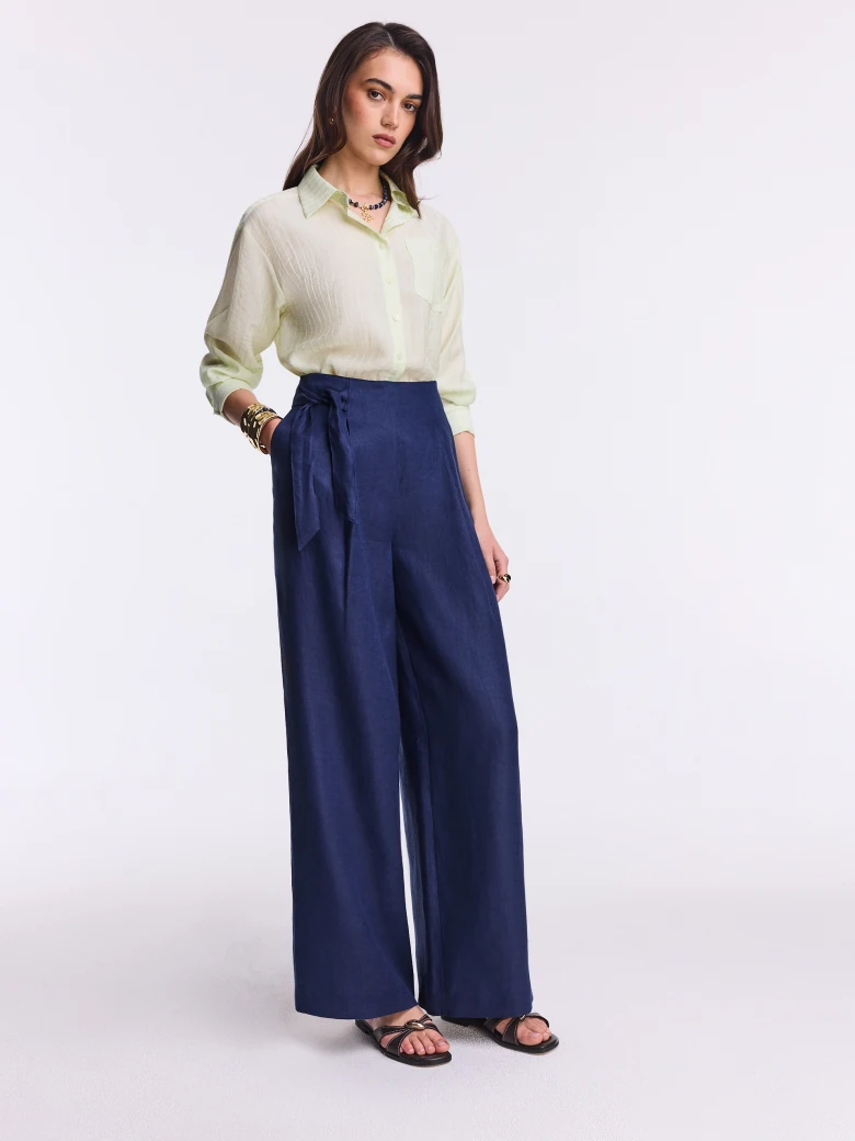 Navy blue linen trousers with side ties