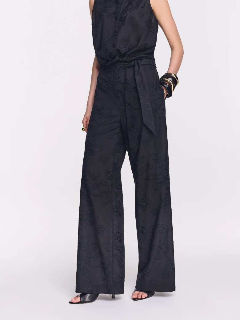 Black wide-leg pants with floral embroidery