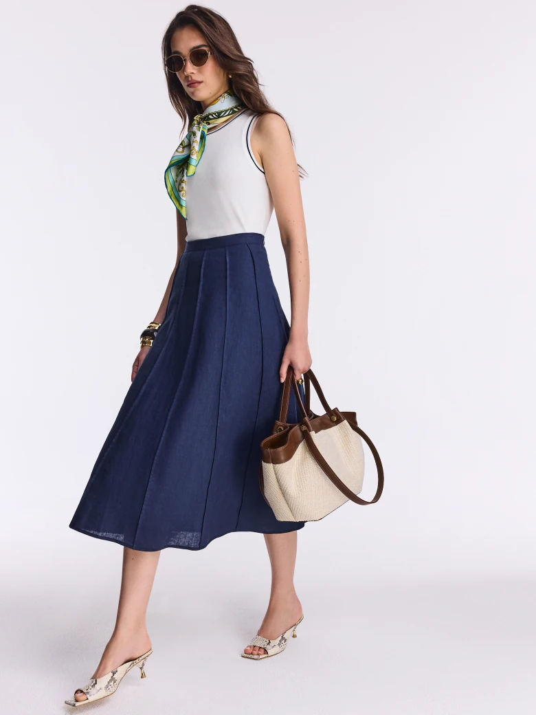 Navy blue linen high-waisted midi skirt