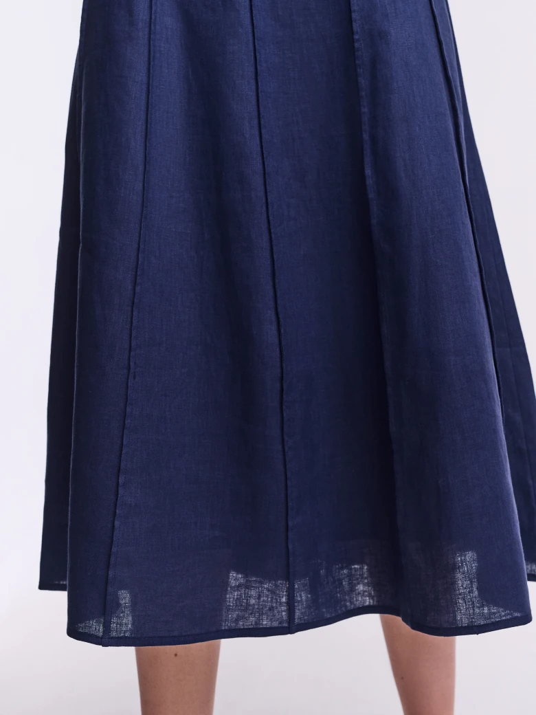 Navy blue linen high-waisted midi skirt