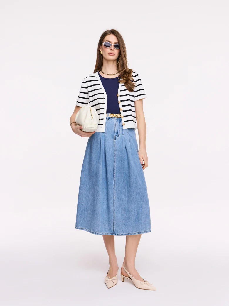 High-waisted denim midi skirt