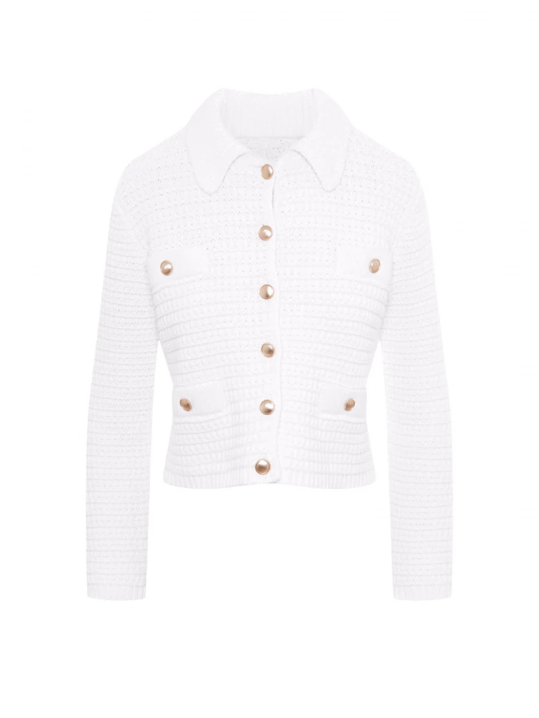 Knitted sweater with decorative buttons and collar