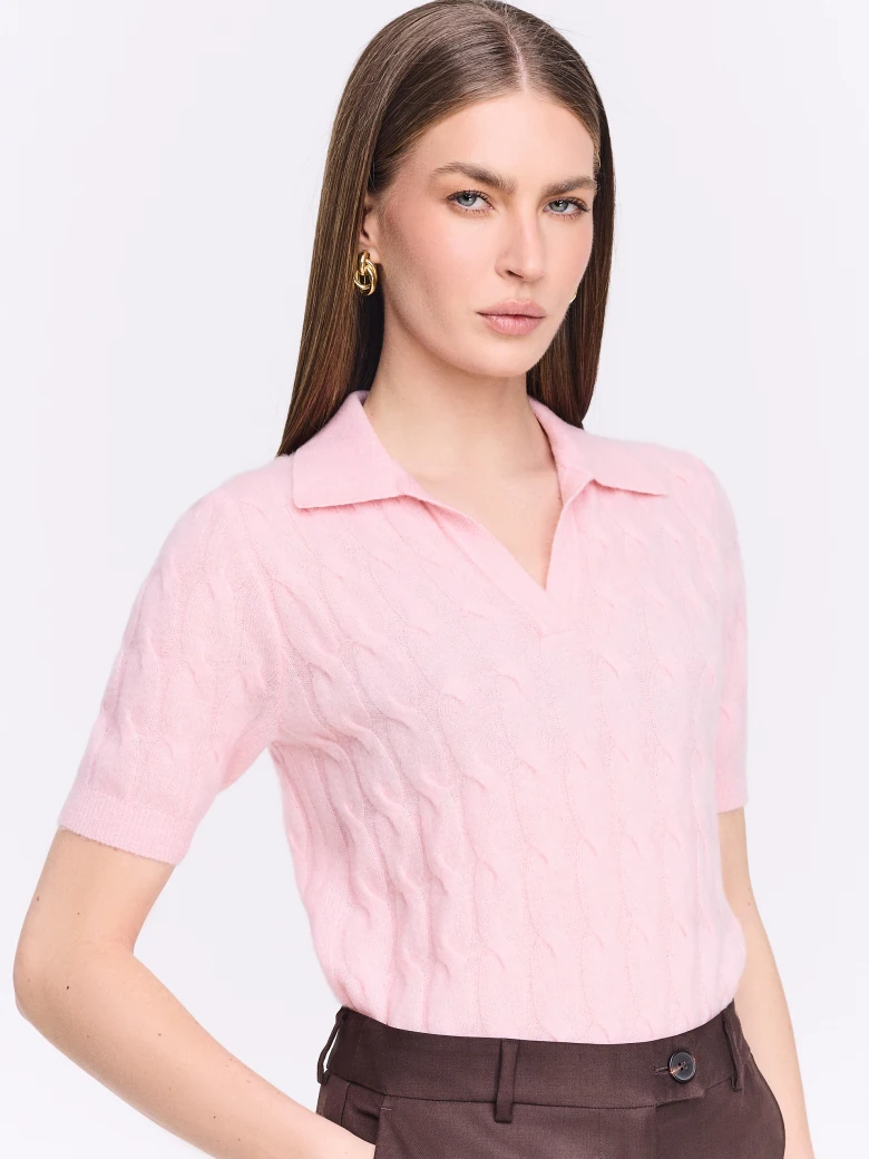 Warkoczowy sweter polo z wełną, jedwabiem i kaszmirem
