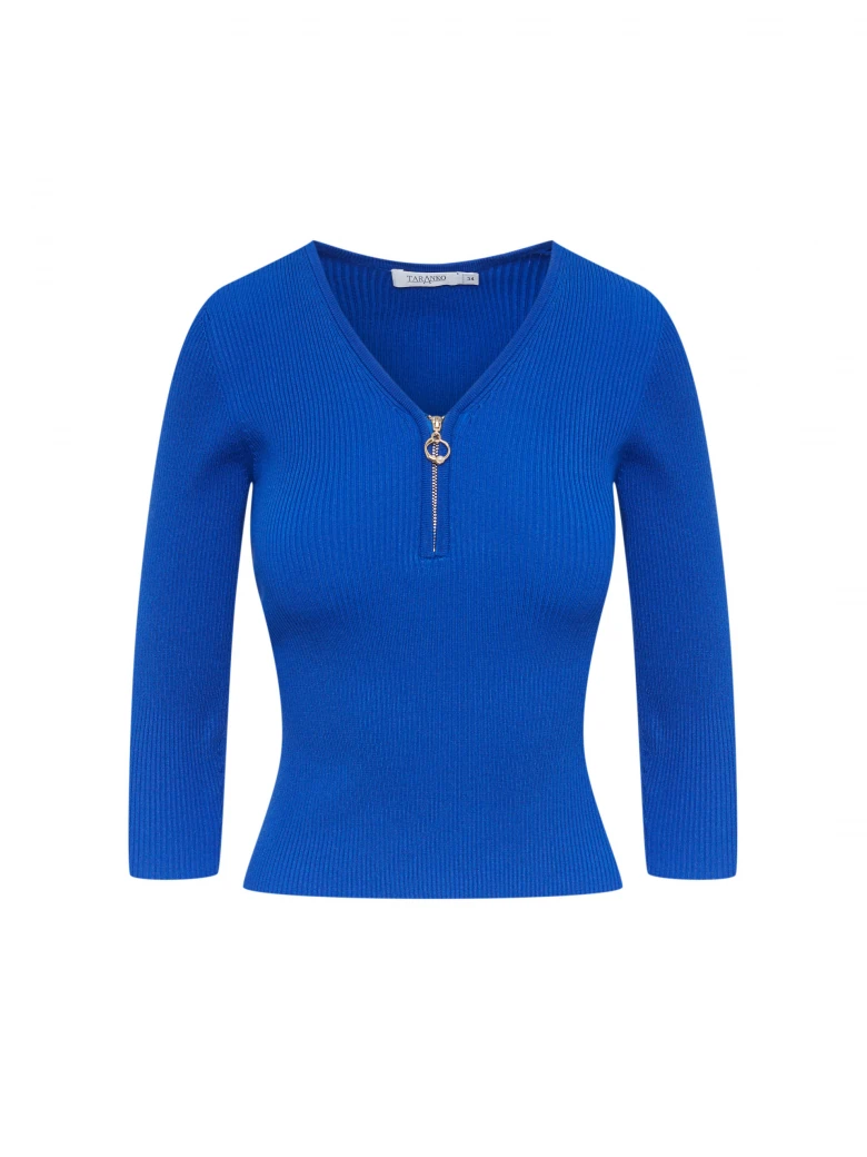 Cobalt rib knit sweater with zipper