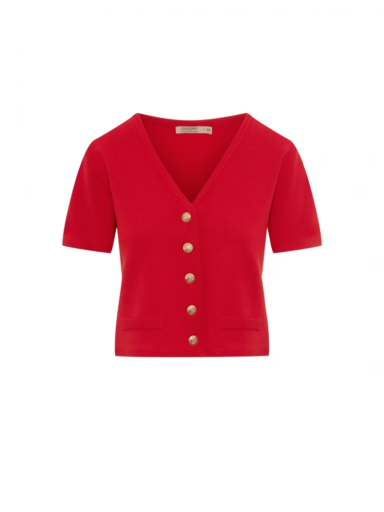 Red sweater with decorative buttons