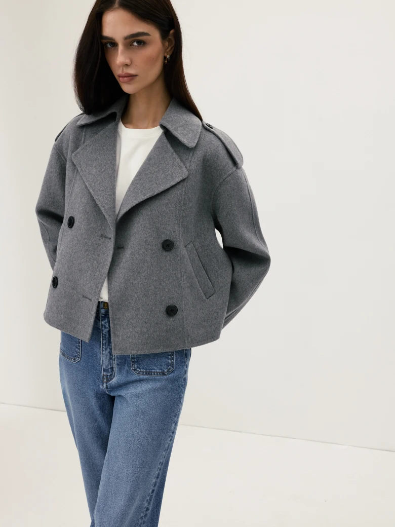 A grey double-breasted jacket with wool