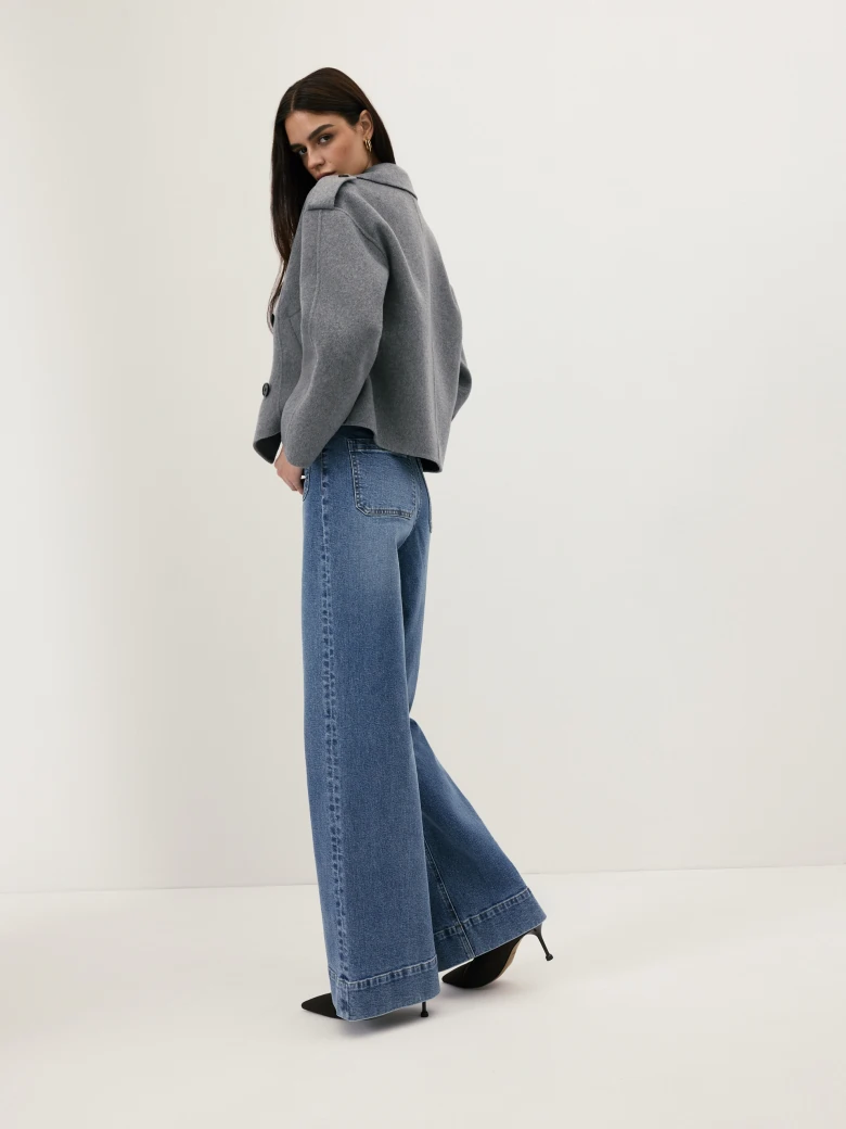 A grey double-breasted jacket with wool