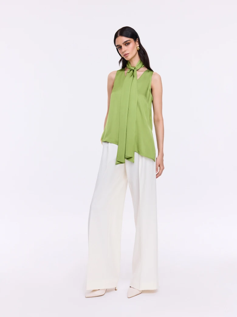 Green satin blouse with a sash