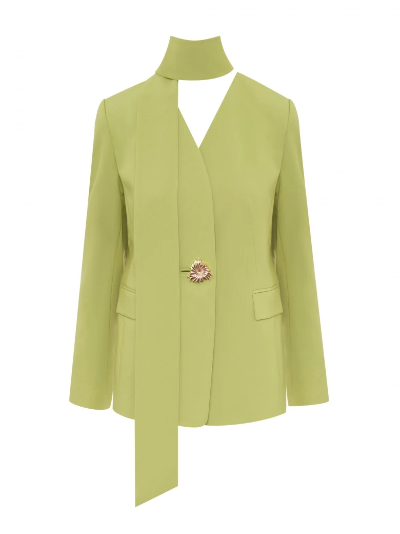 Green jacket with a sash and a jeweled button