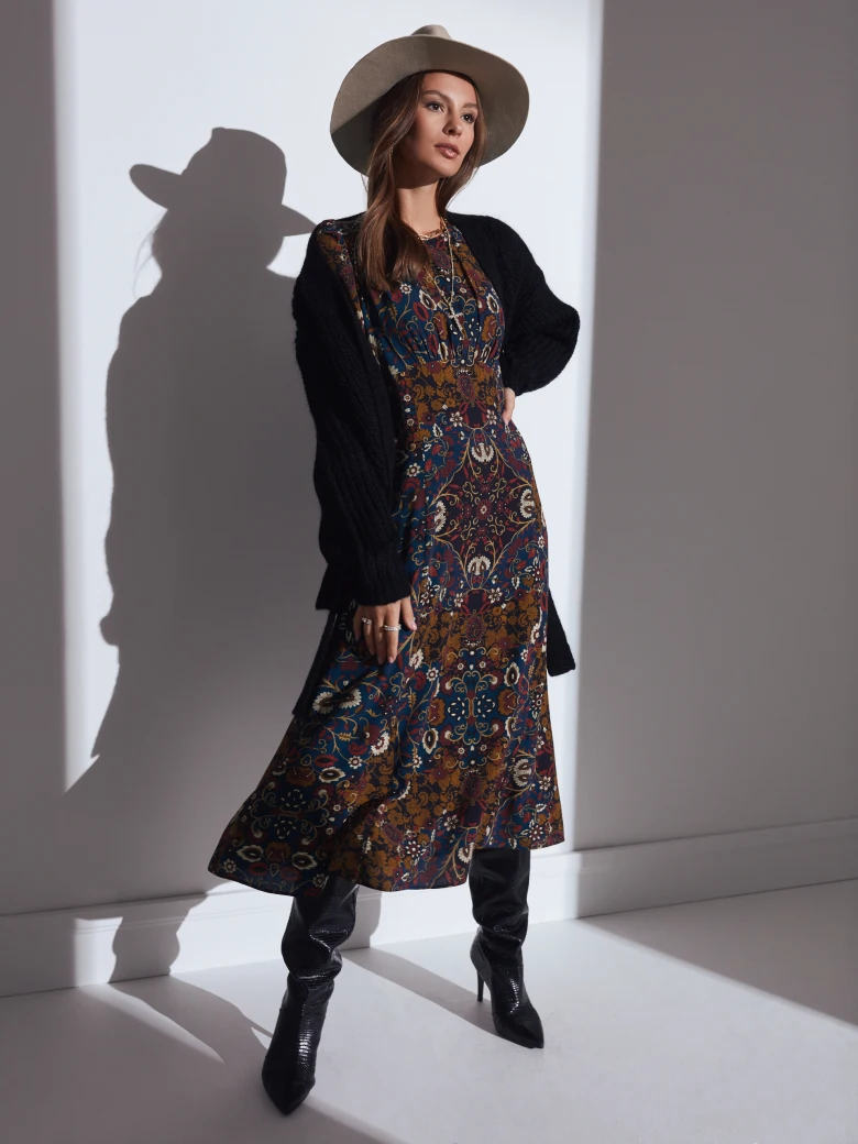 NAVY BLUE PATTERNED MIDI DRESS