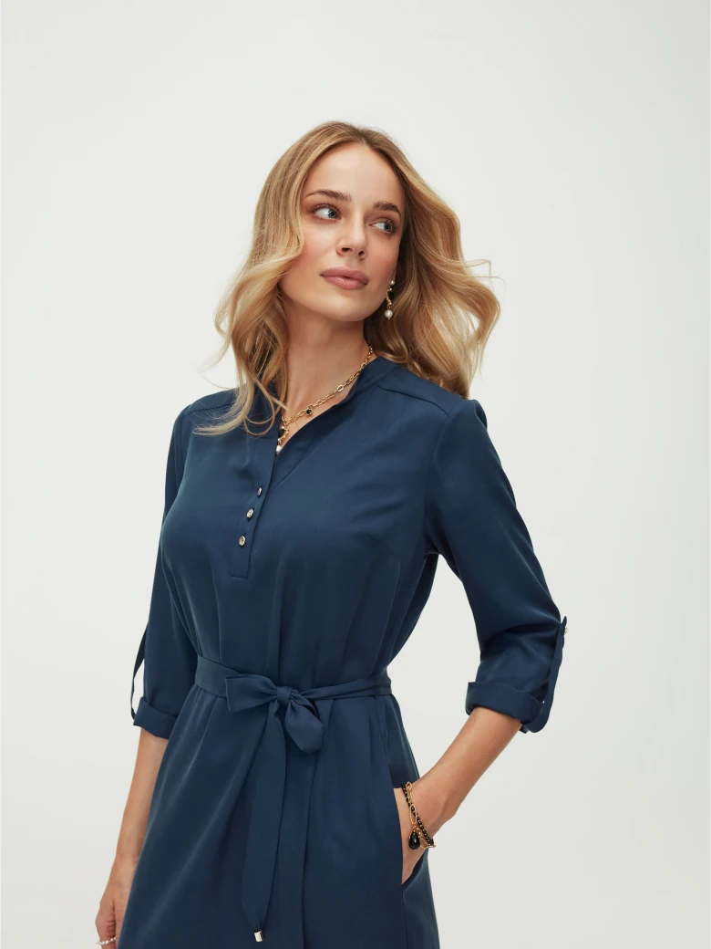 Navy shirt dress with waist tie