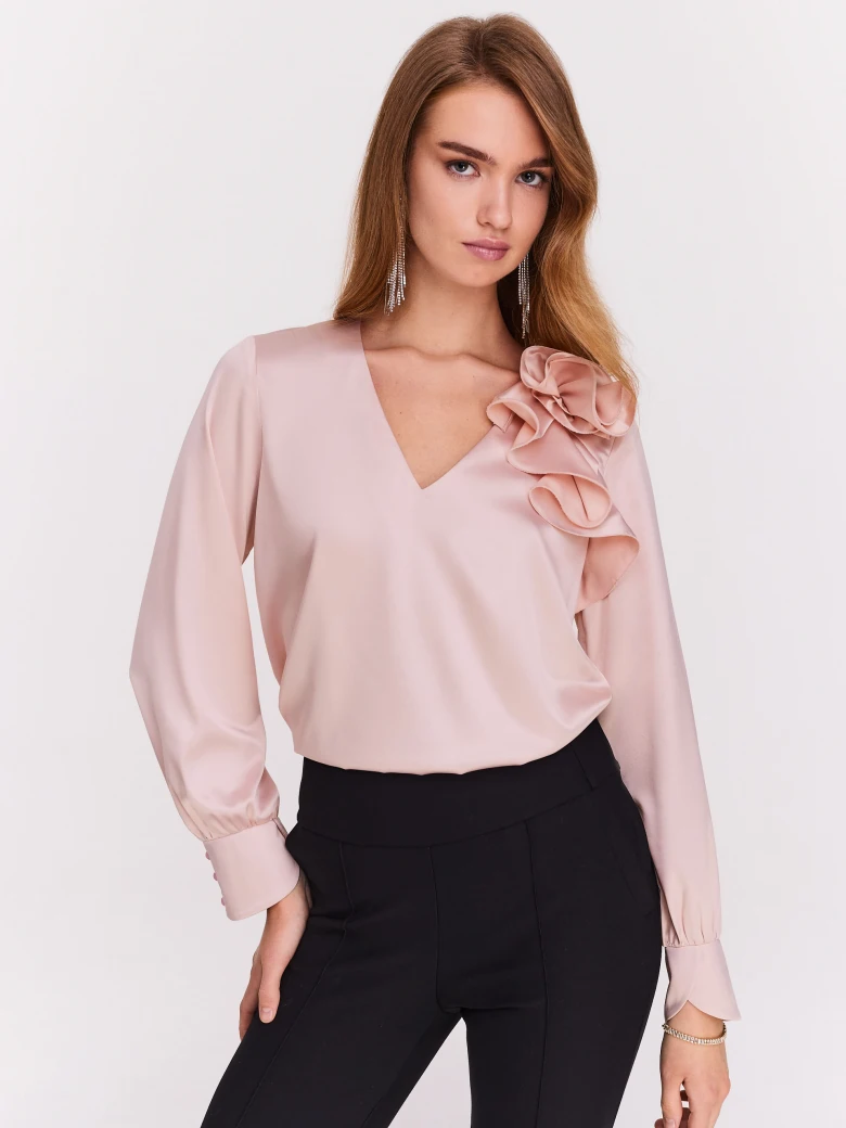 Pink satin blouse with flower