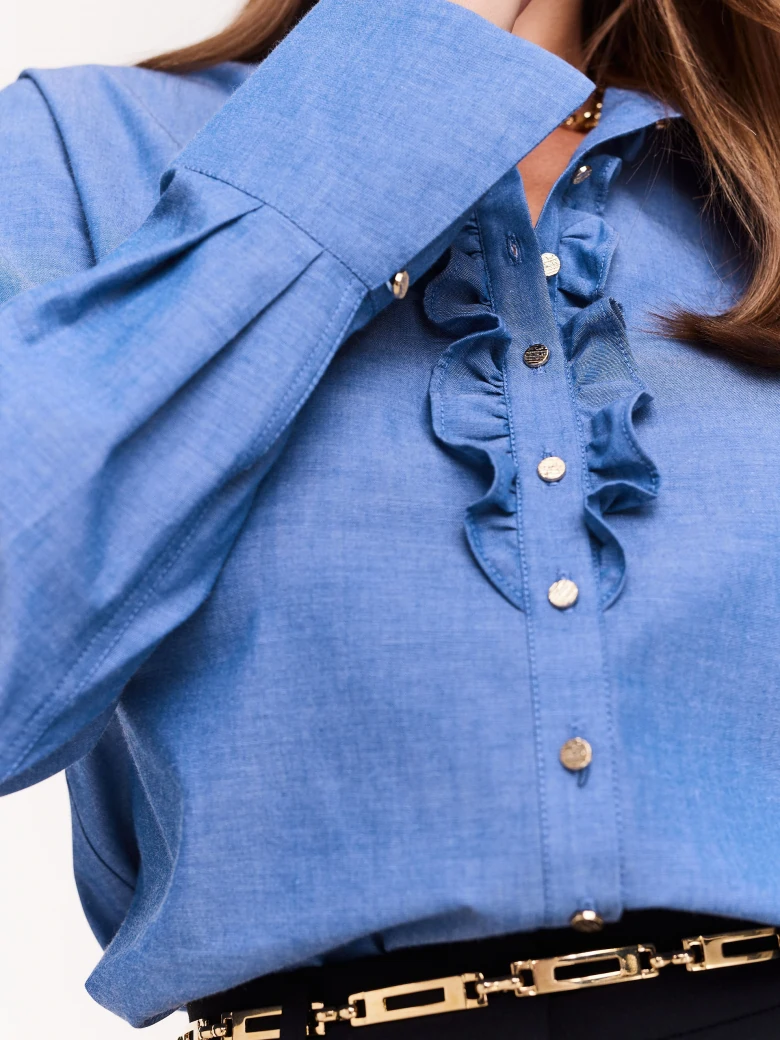Cotton denim shirt with jabot