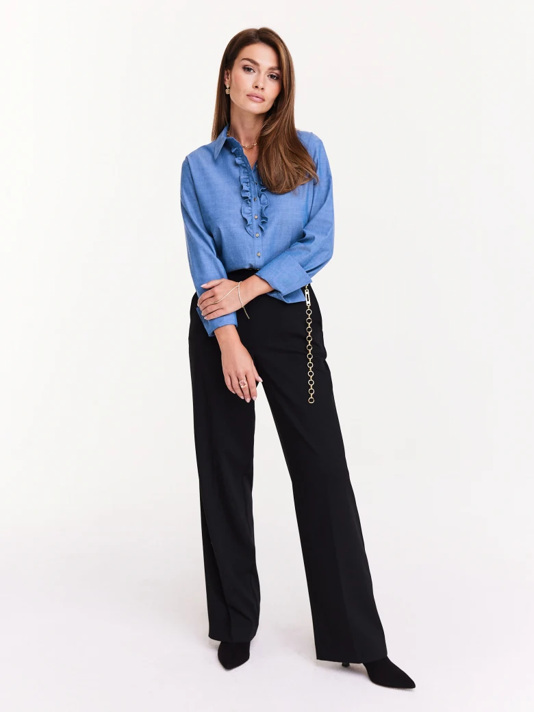 Cotton denim shirt with jabot