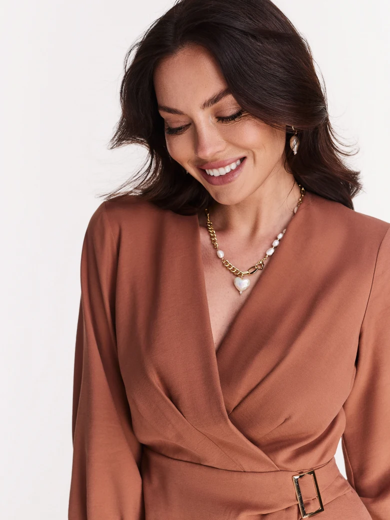 Light brown short dress with envelope neckline