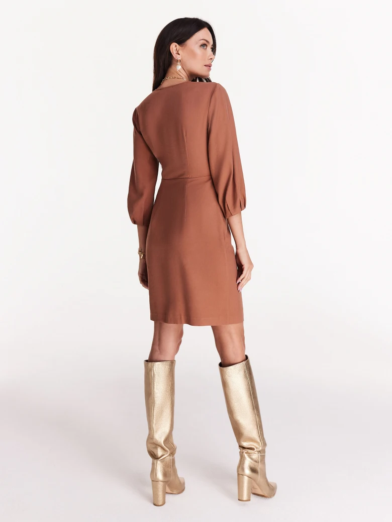 Light brown short dress with envelope neckline