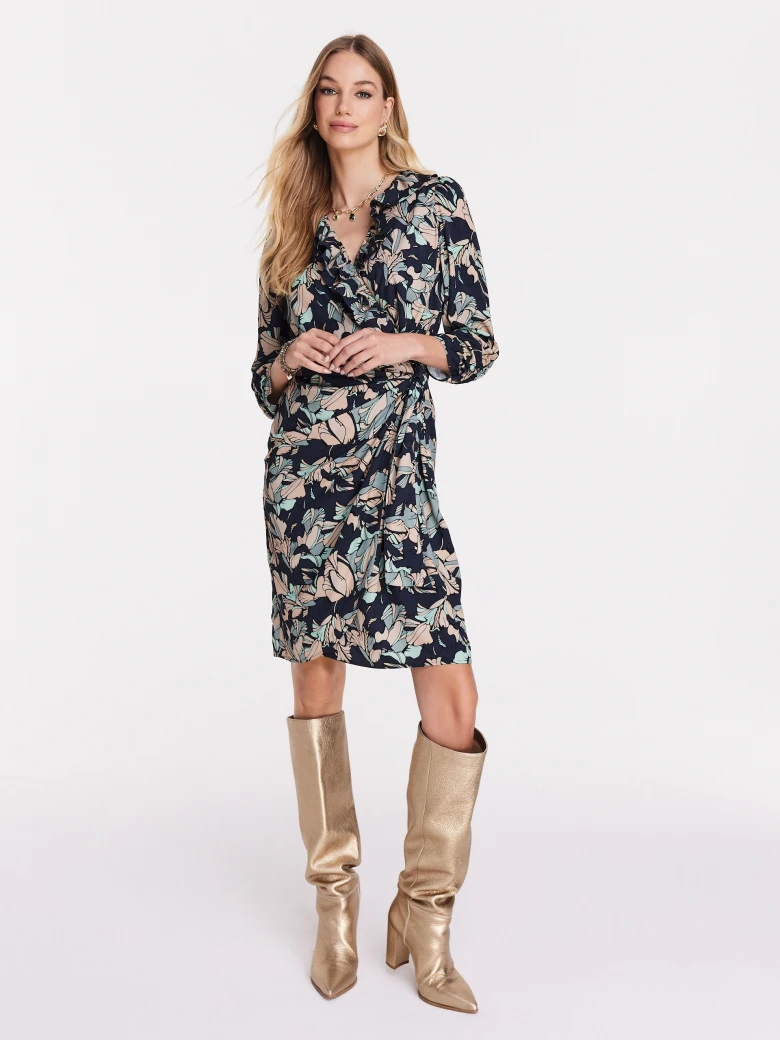 Asymmetrical dark dress with pastel pattern
