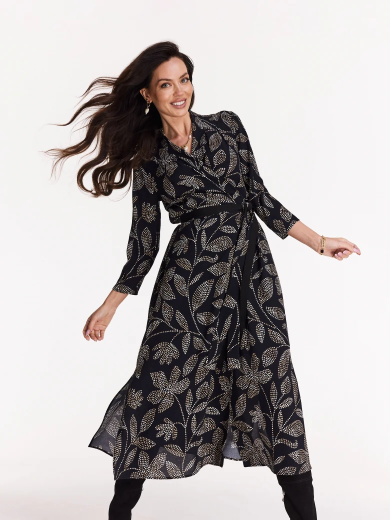 Long black dress with floral pattern
