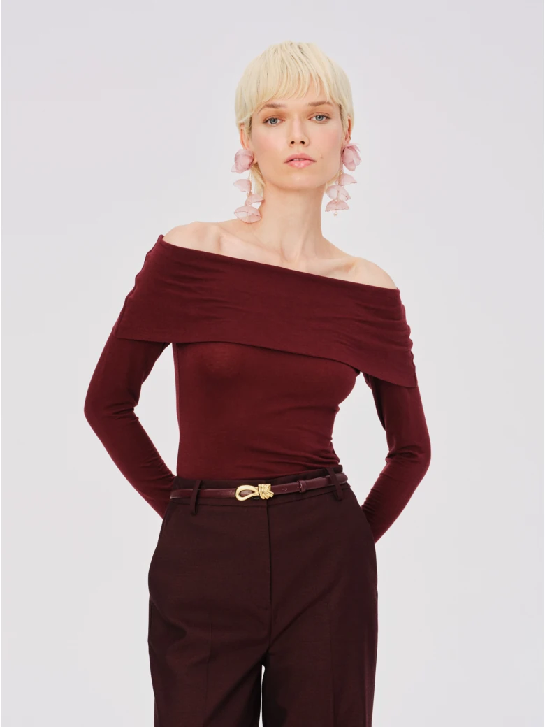Burgundy blouse with a Spanish neckline