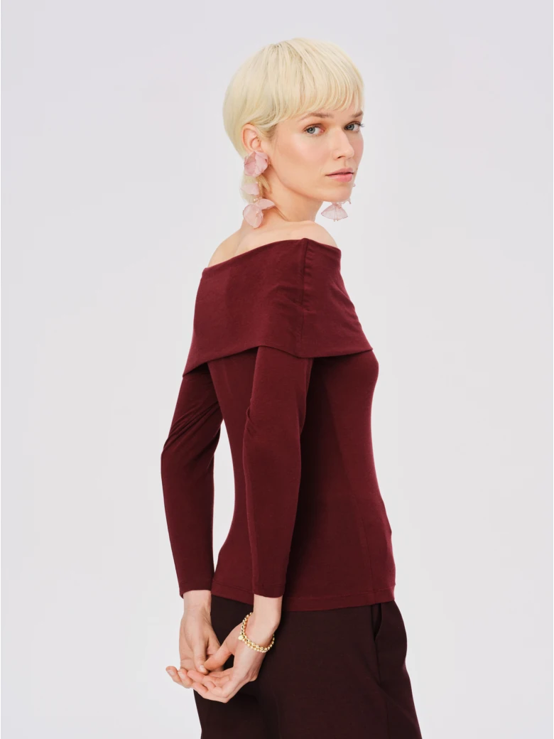 Burgundy blouse with a Spanish neckline