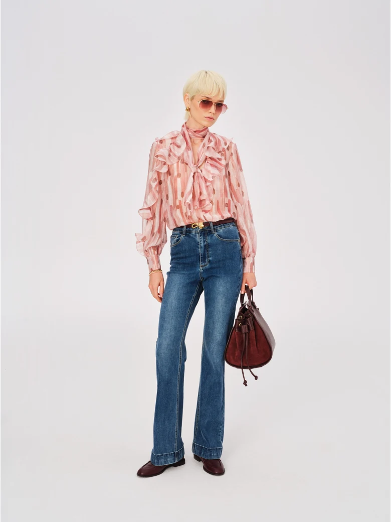 Pink blouse with frill, tie and puff sleeves