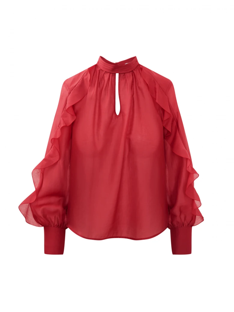 Red satin blouse with decorative ruffles