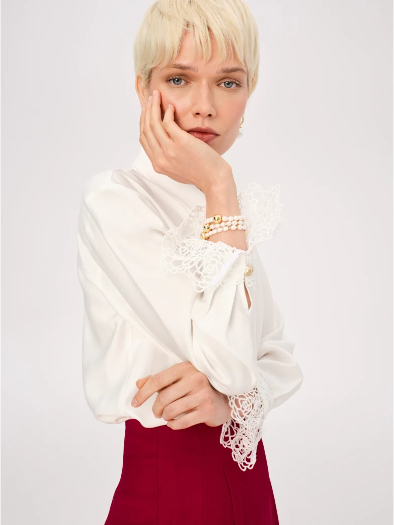 White viscose shirt with openwork cuffs