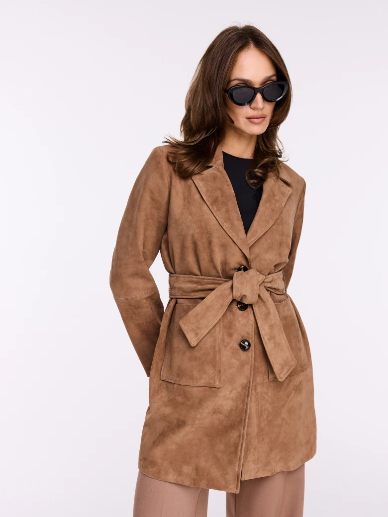 Short caramel suede coat