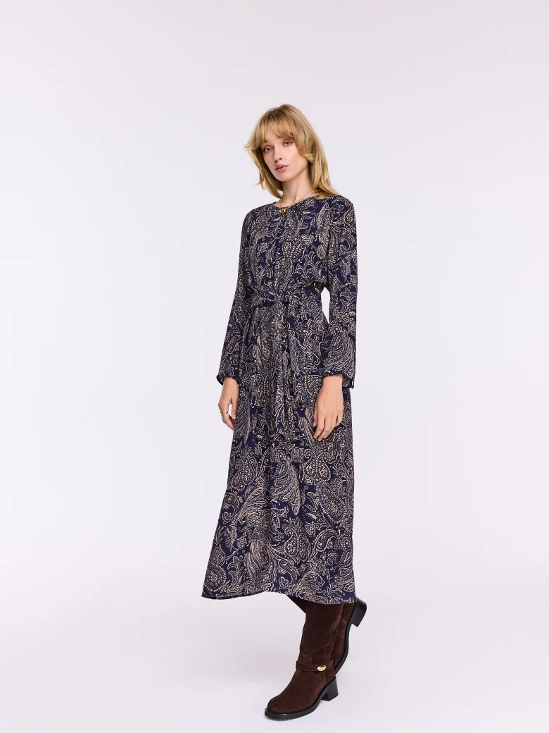 Navy blue midi dress with oriental patterns