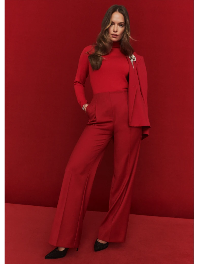 Red high-waisted suit pants
