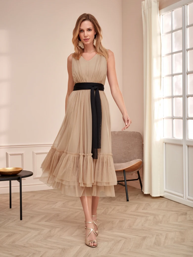BEIGE SLEEVELESS MIDI DRESS