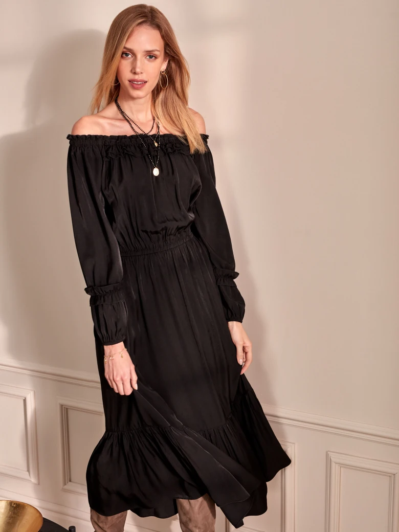BLACK MIDI DRESS WITH OPEN SHOULDERS