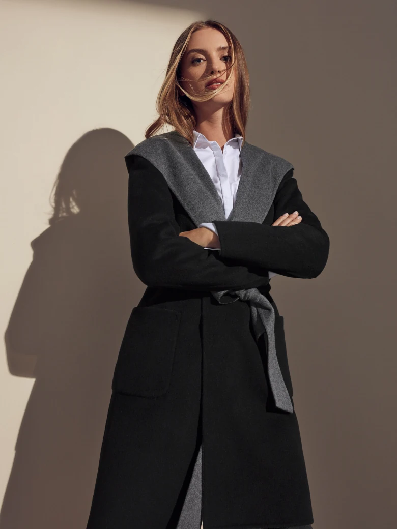 BLACK WOOL COAT WITH HOOD