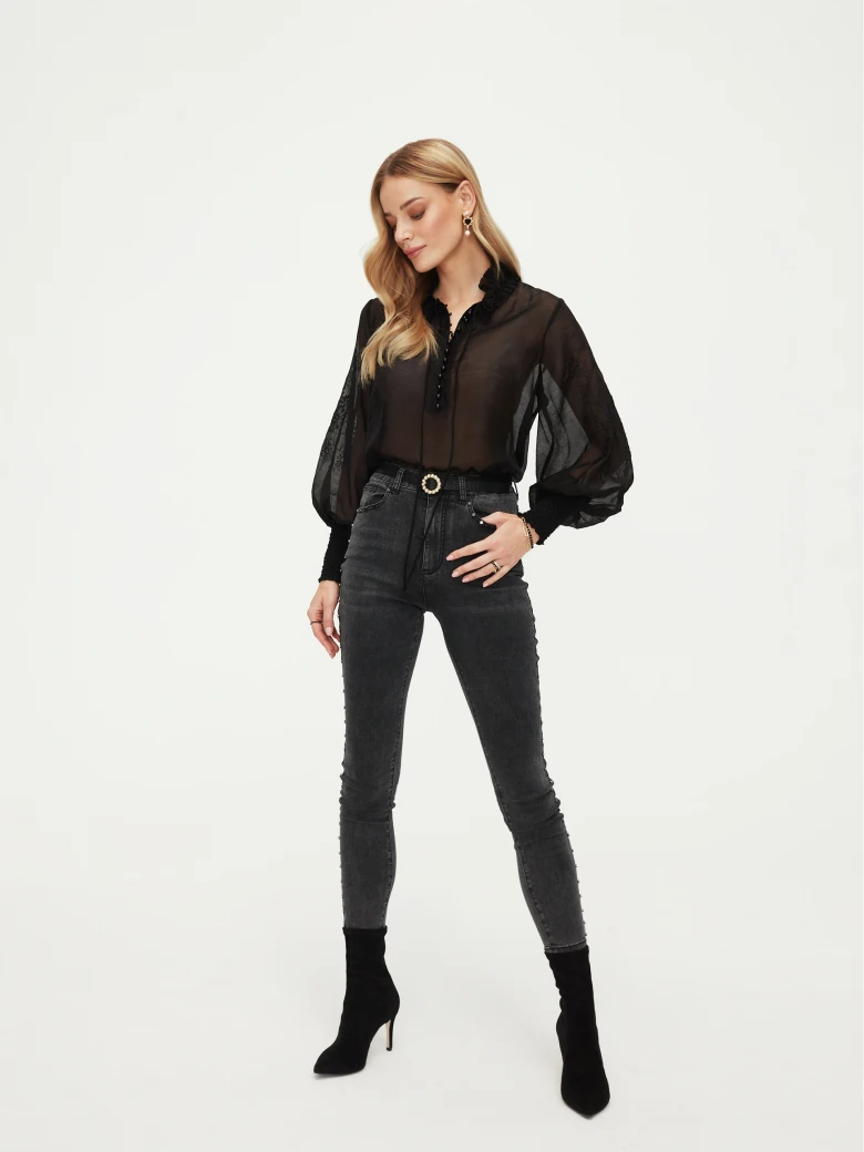 Black see through blouse with puff sleeves