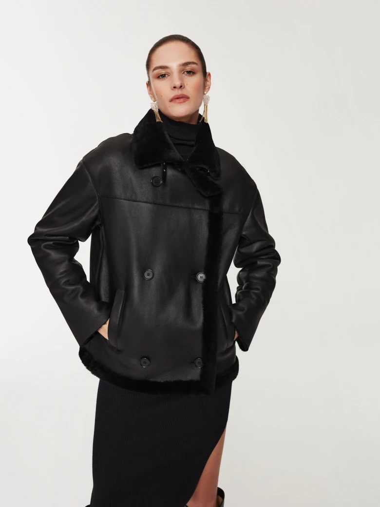 Black double-breasted sheepskin coat