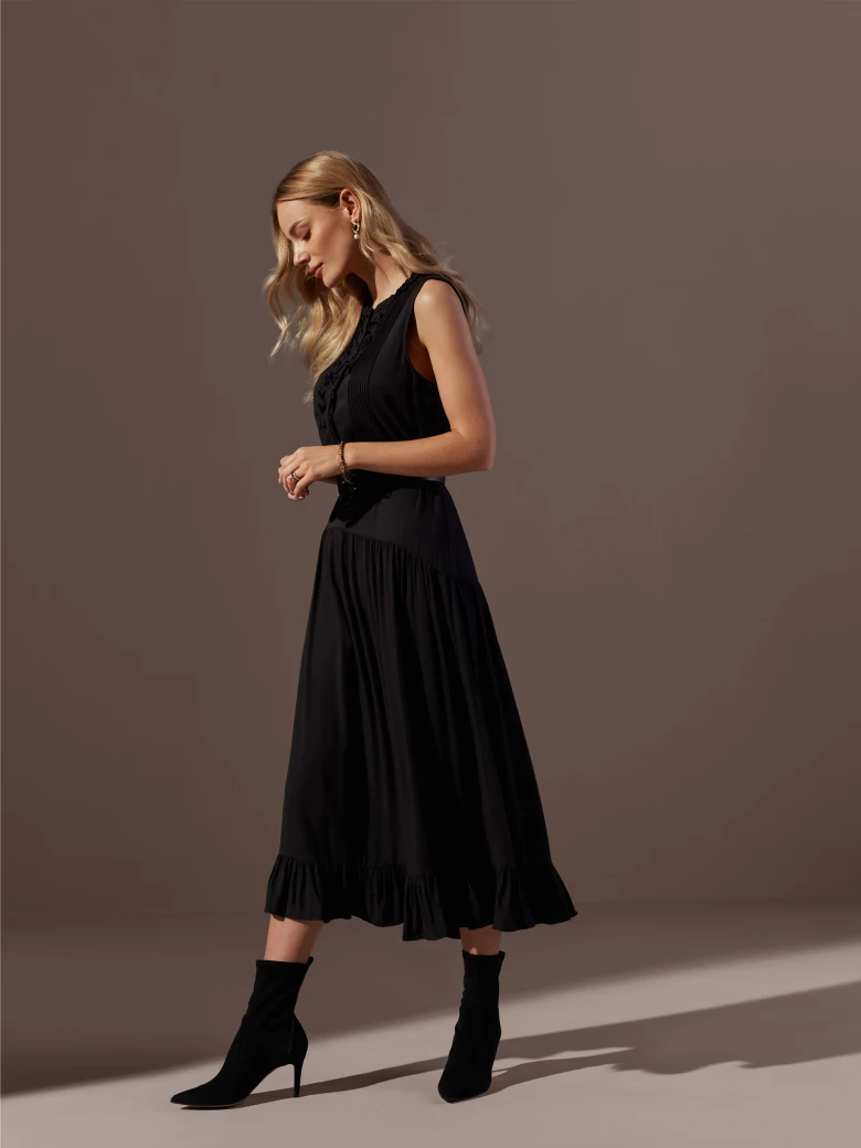 Black sleeveless midi dress with ruffle