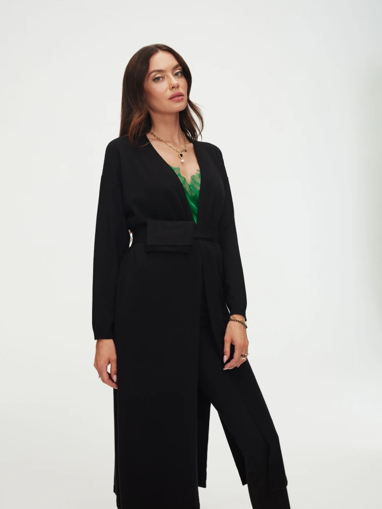 Long black cardigan with belt