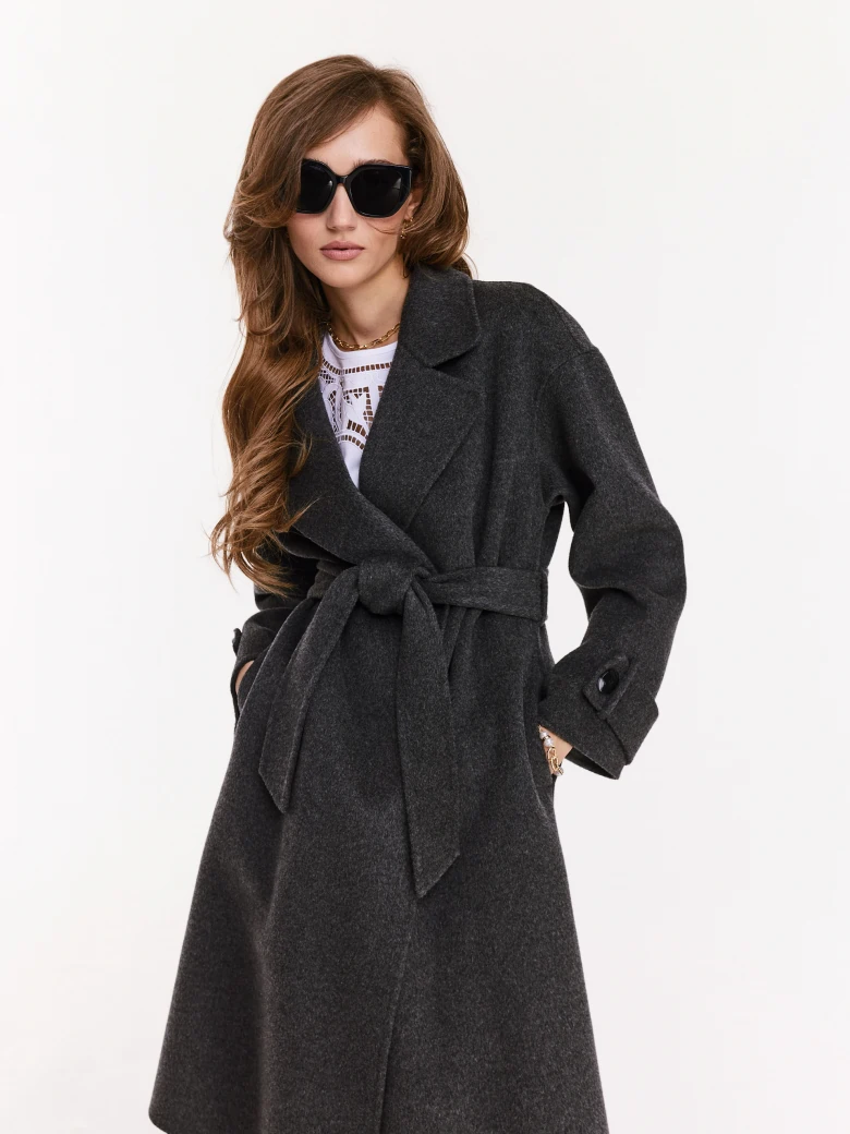Wool graphite coat with robe cut