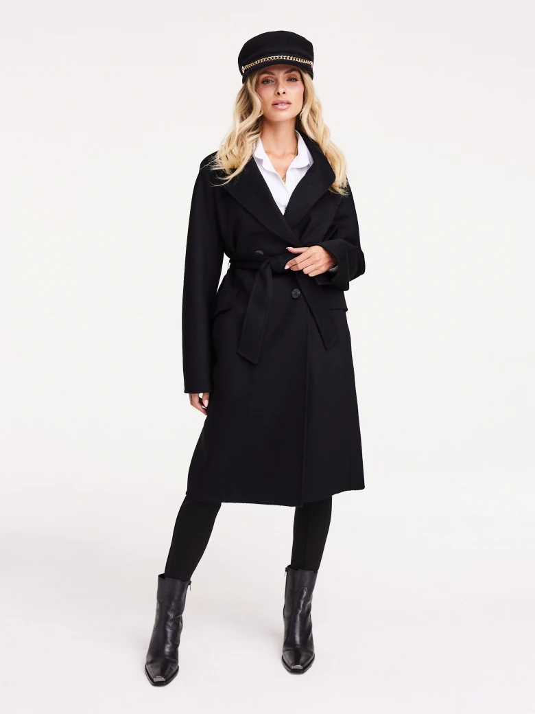Wool black coat with a robe cut