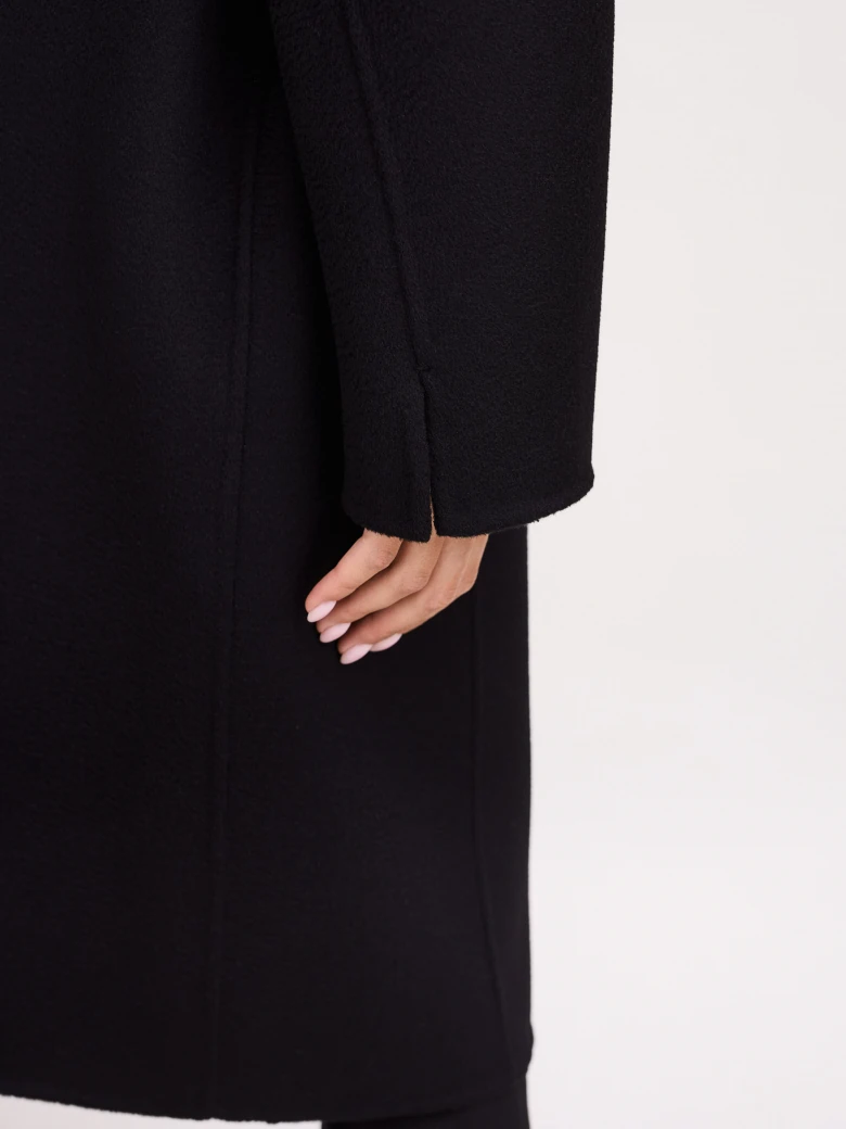 Wool black coat with a robe cut