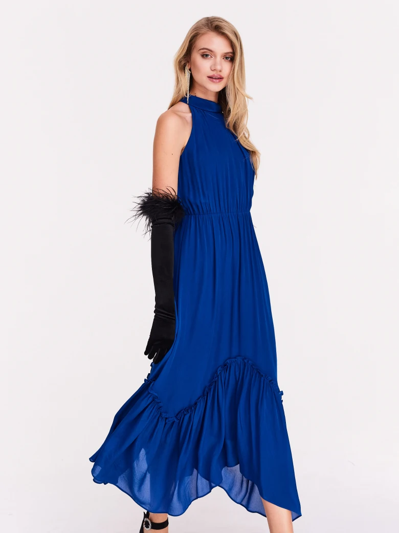 Long cornflower dress with halter neckline