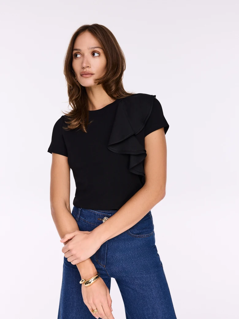 Black cotton blouse with decorative frill