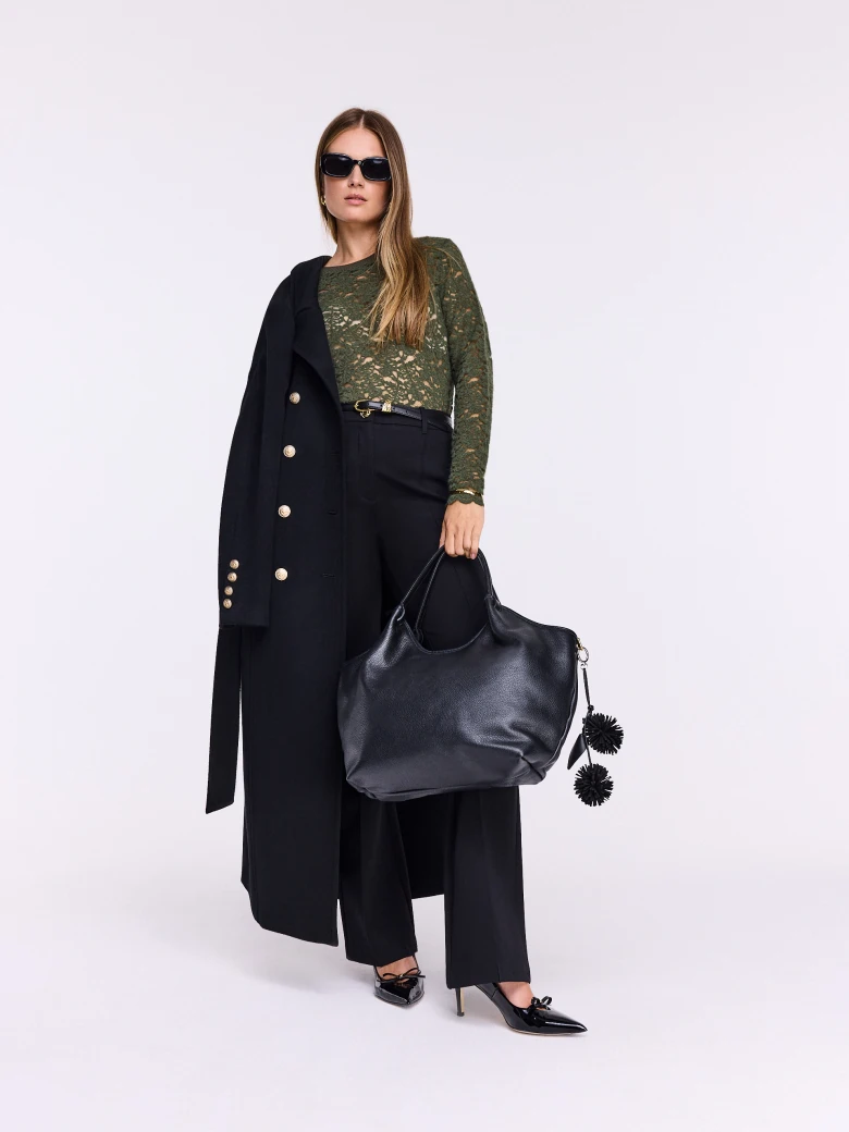 Olive openwork blouse with long sleeves