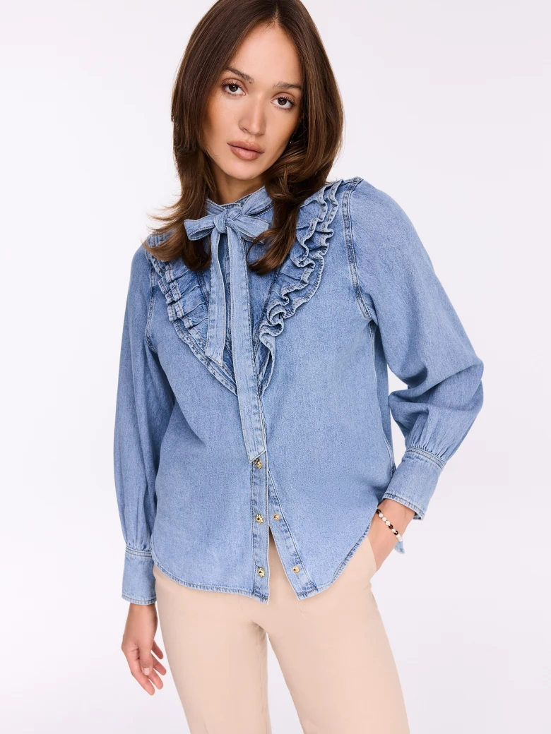 Denim shirt with frill and decorative buttons