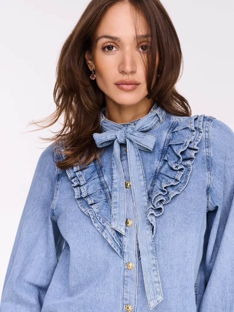 Denim shirt with frill and decorative buttons