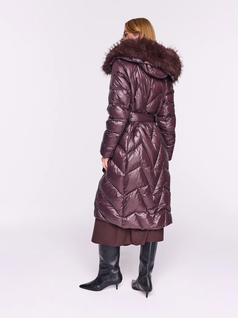 Long down coat with hood in burgundy color