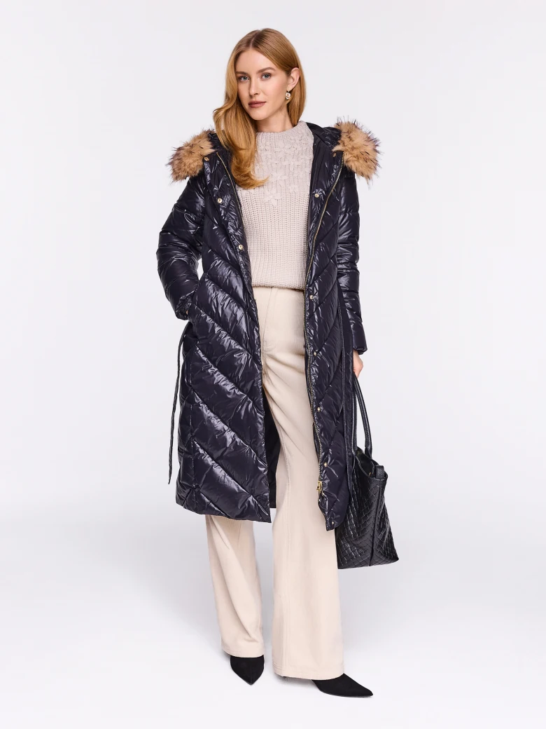 Long down coat with hood in black