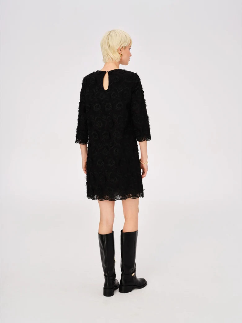 Black cotton dress with embroidered flowers