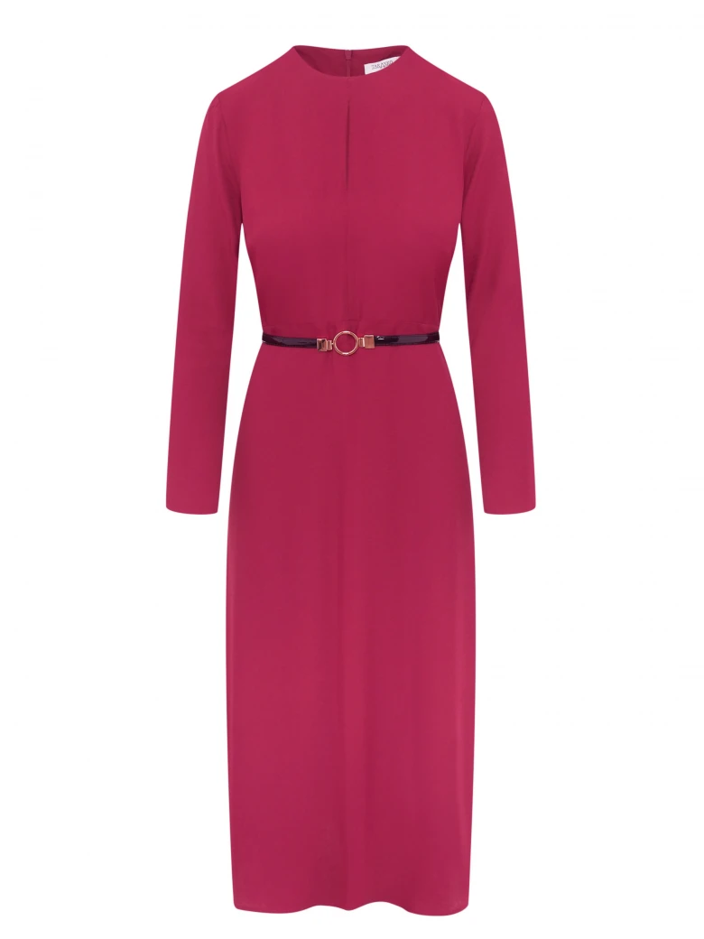 Burgundy flared midi dress with belt