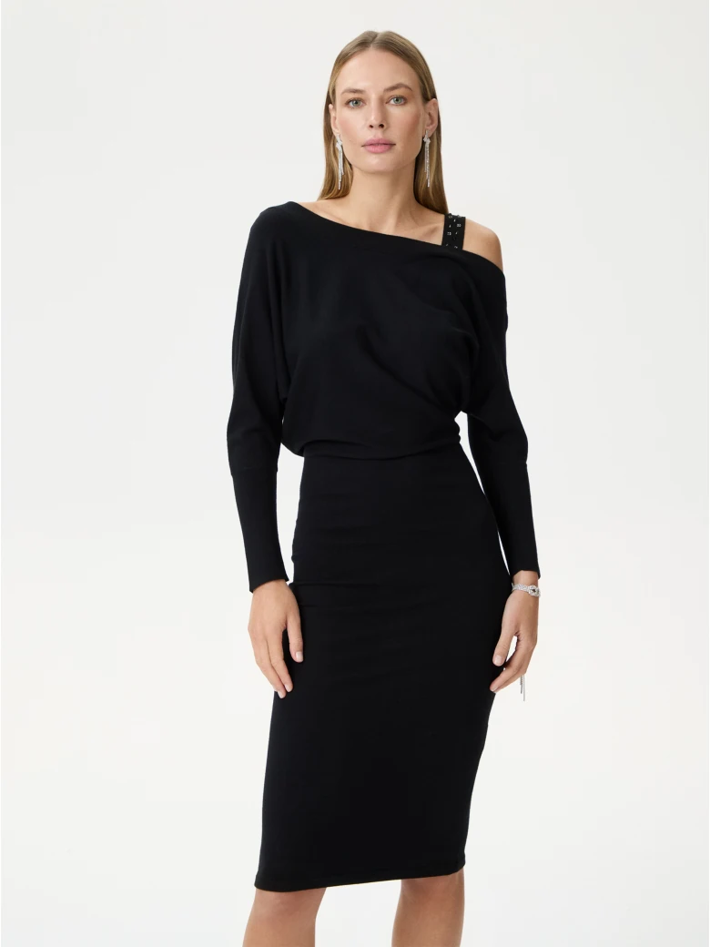 Asymmetrical black midi dress